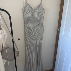Silver sparkly custom formal dress with slit